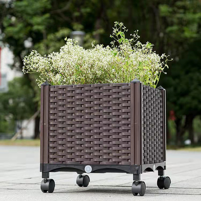 Individu arrosant le planteur en plastique entreposable augmenté rectangulaire de boîte de fleur de boîte de planteur